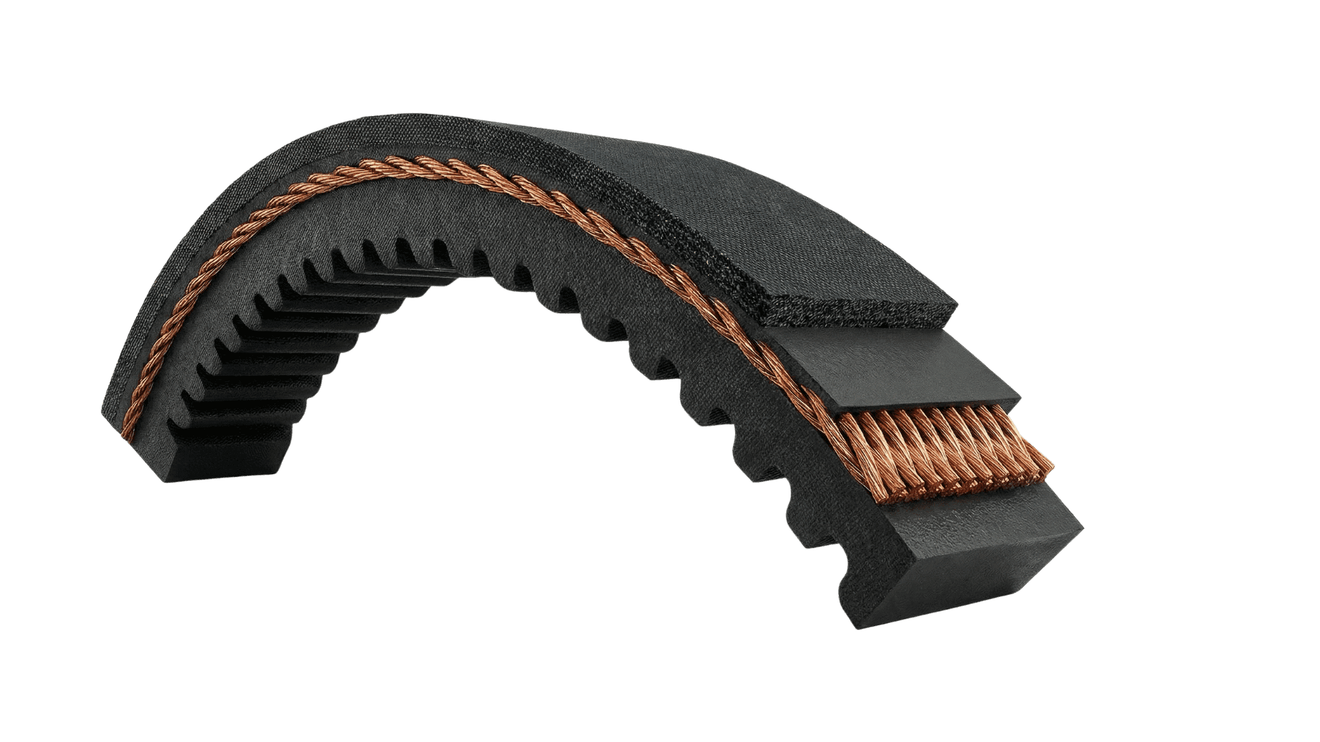 Cutaway of the Cogged V-Belt showing its toothed inner edge, fabric cover, and copper cord reinforcement.