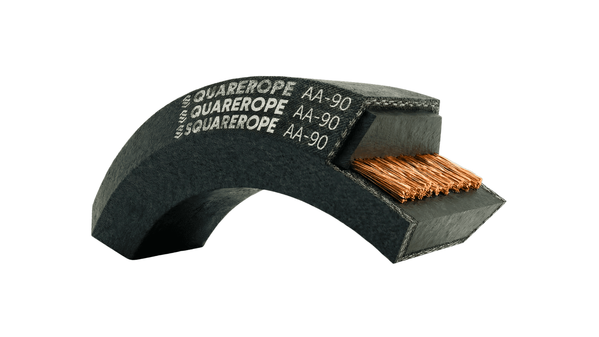 Cutaway of a Hex Belt showing its layered rubber profile and exposed copper cord reinforcement.