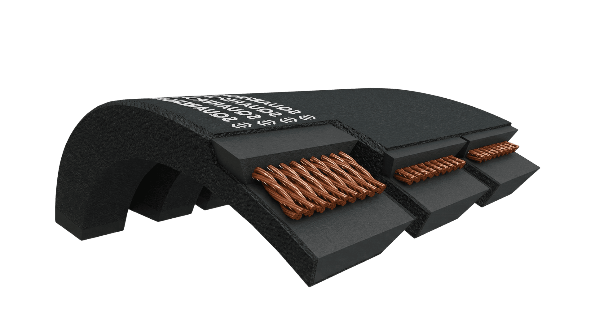 Cutaway of a banded V-belt showing joined sections, layered rubber, and copper cord reinforcement.